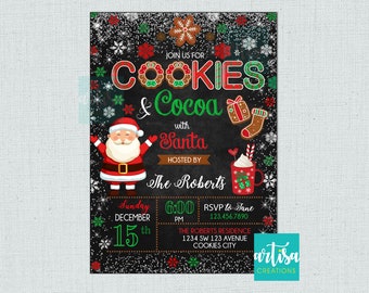 Könnte beinhalten: Eine festliche Einladung für ein Cookies & Cocoa-Event mit dem Weihnachtsmann. Das Design zeigt einen Tafelhintergrund mit farbenfrohem Text und Illustrationen von Keksen, einer Kakaotasse und dem Weihnachtsmann. Die Einladung enthält Eventdetails.