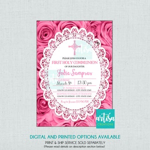 Mädchen Erstkommunion Einladung, Rosa Rosen Erstkommunion Einladung, Rosa Erstkommunion, Rosa Rosen Taufe, Rosa Rosen und Sackleinen Invite