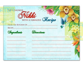 Hawaiian Recipe Card, Tropical Flowers Recipe Card, Hawaiian Recipe Card DIY, Hawaiian Bridal Shower Recipe Card, Luau recipe card, recipe