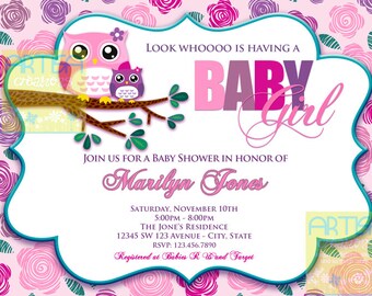 Pink Owl Baby Shower Invitation - Owl Baby Girl Shower Invitation - Pink and Purple Owls Baby Shower Invitation