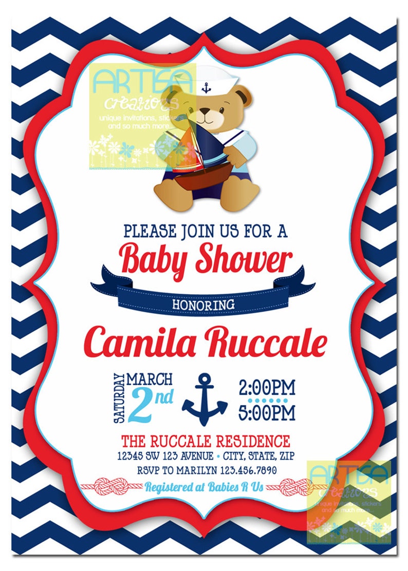 Nautical Bear Navy and Red Baby Shower Invitation, Nautical Teddy Bear Shower Invitation, navy blue red nautical teddy bear invitation, bear image 2