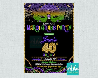 May include: A Mardi Gras themed party invitation for Joan's 40th birthday. The invitation features a gold glitter mask with purple and green accents, beads, and the text "Join us for a Mardi Gras Party to celebrate Joan's 40th Birthday".