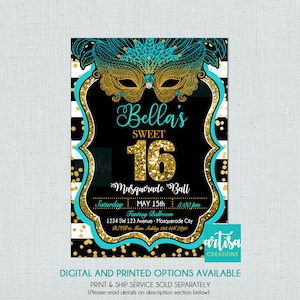 Masquerade Sweet sixteen invitation, Sweet 16 Masquerade Ball Invitation, Masquerade Invitation, teal gold black masquerade invitation