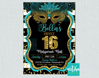 Masquerade Sweet sixteen invitation, Sweet 16 Masquerade Ball Invitation, Masquerade Invitation, teal gold black masquerade invitation