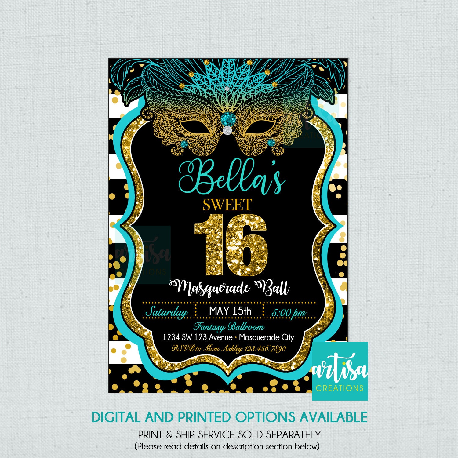 Masquerade Sweet sixteen invitation, Sweet 16 Masquerade Ball Invitation, Masquerade Invitation, teal gold black masquerade invitation