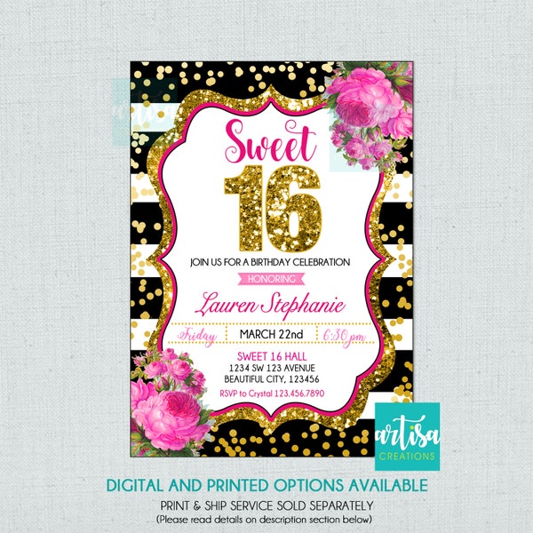 Sweet sixteen invitation, black hot pink gold confetti sweet sixteen, black stripes hot pink gold glitter Sweet 16, Sweet 16 pink gold black