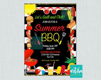 Summer BBQ Invitation, Summer Bbq Birthday Invitation, Backyard BBQ Invitations, BBQ Invitations, Chill and grill bbq invitation, bbq invite
