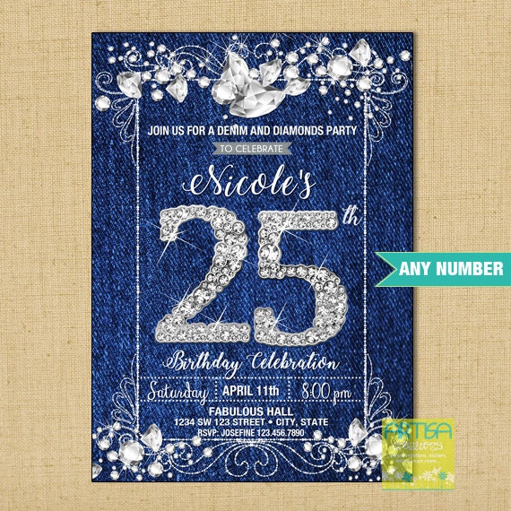 Denim and Diamonds invitation denim diamonds party invitation denim diamonds birthday invitation ANY AGE diamonds denim