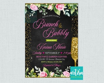 May include: A black chalkboard style invitation with gold glitter and pink floral accents. The text reads "Please join us for a Brunch & Bubbly honouring Karina Marie" with the date and time of the event. The invitation also includes the location, RSVP information, and a note about the registry.