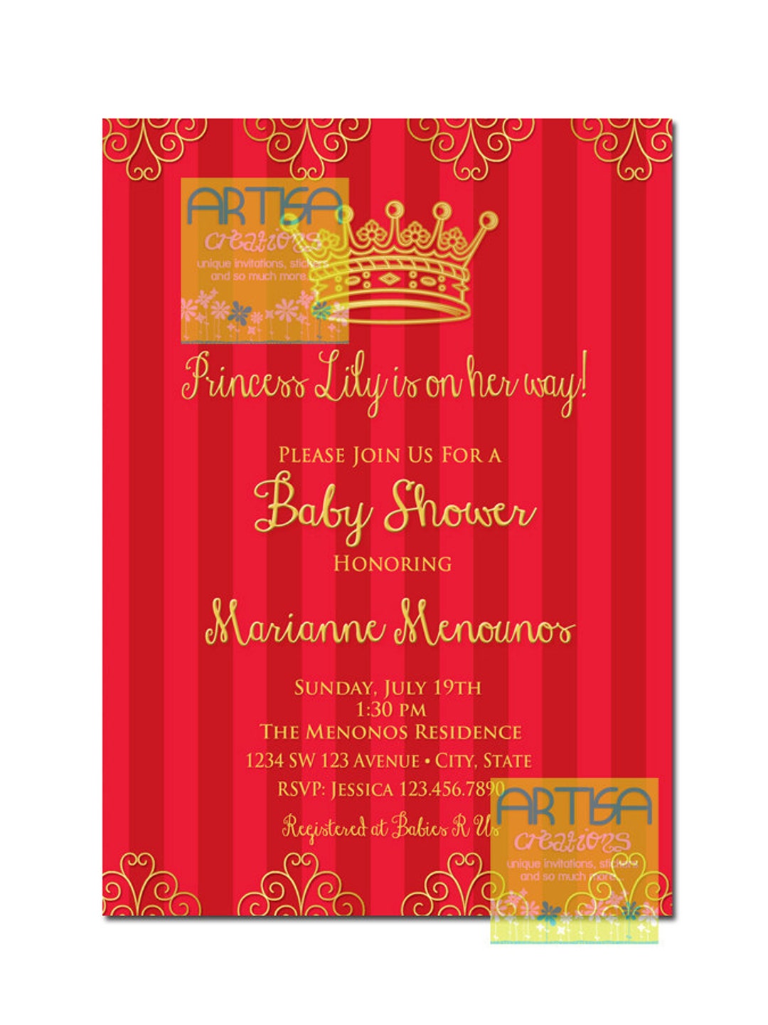 Gold Red Princess Baby Shower Invitation DIY, Princess Crown Red Gold