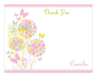 Pastel Colors Butterfly and Flowers Thank You  - Light Colors Butterflies Thank You Cards - Butterfly Thank You Cards - Girl Butterflies