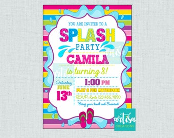 Splash Party Invitation, Pool Party Birthday Invitation, Girl Pool Birthday, Summer Birthday, Colorful Splash Birthday, Splish Splash Invite