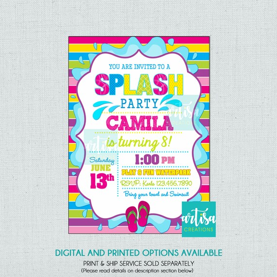 Splash Party Invitation, Pool Party Birthday Invitation, Girl Pool Birthday, Summer Birthday, Colorful Splash Birthday, Splish Splash Invite