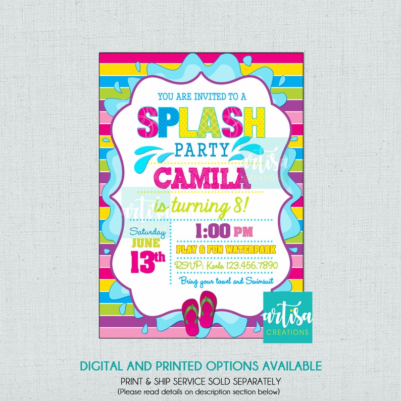 May include: A colorful invitation for a splash party for Camila's 8th birthday. The invitation features a blue, yellow, and pink striped background with a large blue water splash graphic. The text "Splash Party Camila is turning 8!" is in a bright pink font. The invitation also includes details about the party, such as the date, time, and location.