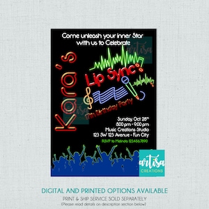May include: A black and neon green, red, and blue invitation for a karaoke lip sync party. The invitation features a microphone, musical notes, and the text "Kara's Lip Sync 7th Birthday Party". The invitation also includes the date, time, location, and RSVP information.