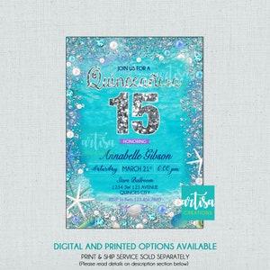 Quinceañera bajo el mar, Ocean Quinceanera Invitation, Pearls and Diamonds Sweet 16, Sea Quinceanera Invitation, Blue and Silver Ocean 15