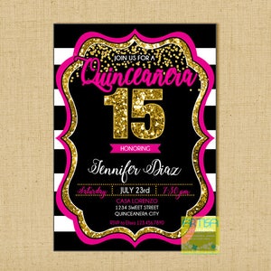 Invito Quinceanera, Coriandoli in oro rosa caldo nero Quinceañera, Invito Mis Quinces, Invito moderno Quinceanera, oro rosa caldo nero
