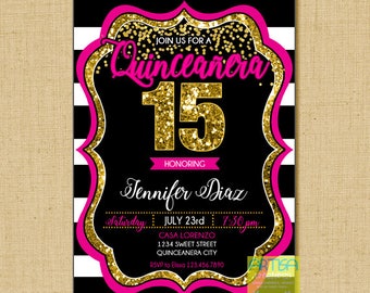 Quinceanera invitation, Quinceañera black hot pink gold confetti, Mis Quinces Invitation, Quinceanera modern invitation, hot pink gold black
