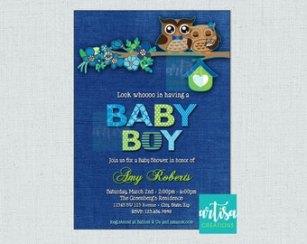 May include: A blue denim baby shower invitation with owls and a green nest. The text reads "Look whoooo is having a BABY BOY". The invitation includes the date, time, location, and RSVP information.