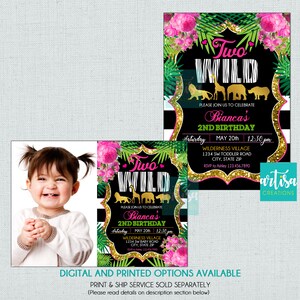 May include: A pink, green, and gold birthday invitation with a zebra print background. The invitation says "Two Wild" and features a jungle animal theme with a giraffe, lion, elephant, and rhinoceros. The invitation is for Bianca's 2nd birthday party.