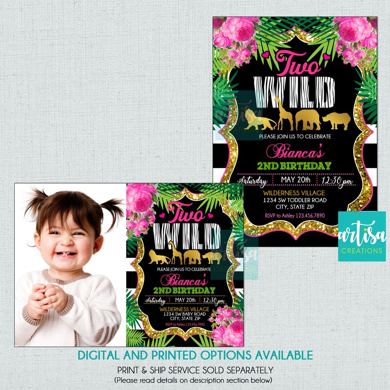May include: A pink, green, and gold birthday invitation with a zebra print background. The invitation says "Two Wild" and features a jungle animal theme with a giraffe, lion, elephant, and rhinoceros. The invitation is for Bianca's 2nd birthday party.