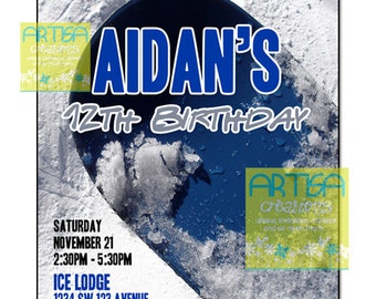 May include: A blue and white snowboard birthday party invitation with the text "Ride on over to celebrate Aidan's 12th Birthday". The invitation includes the date, time, location, and RSVP information.