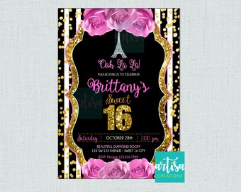 Paris Sweet 16 Einladung, Paris Sweet sechzehn Einladung, Ooh La la sweet 16 Einladung, Paris Quinceanera Einladung, rosa Rosen Paris 16
