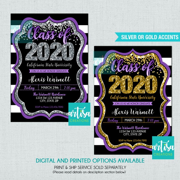 Purple Graduation Invitation, Purple Gold Graduation Invitation, Purple Silver Graduation Invitation, Purple Class of 2020 Invitations