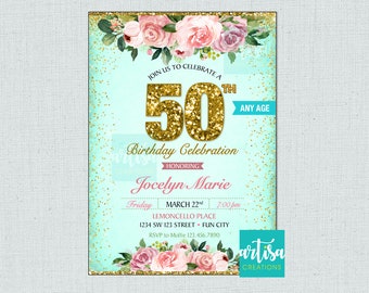 Invitación de cumpleaños número 50, Fondo de 50 cumpleaños de flores rosas, Fondo de color verde azulado de flores rosadas CUALQUIER EDAD, Cualquier ocasión