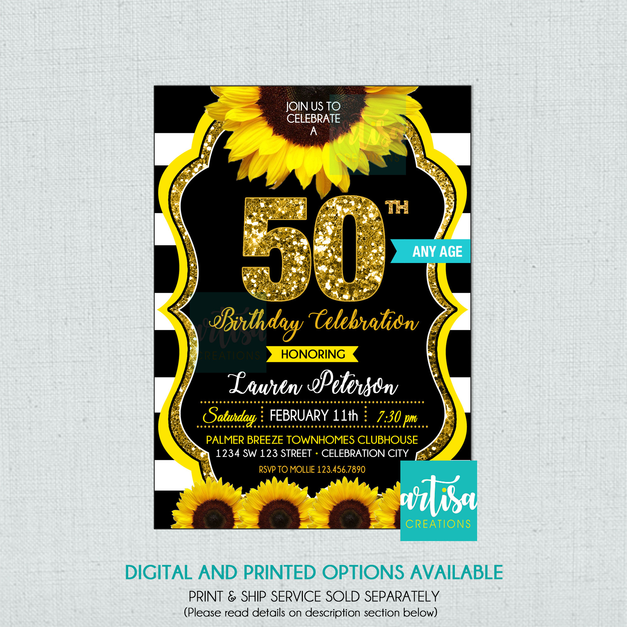 Sunflower Birthday Invitation, Sunflower 50th Birthday Invitation