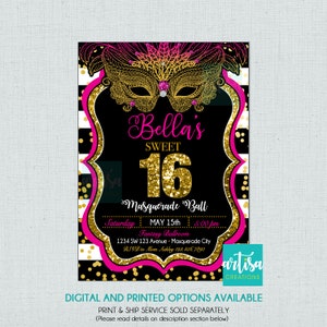 Masquerade Sweet sixteen invitation, Sweet 16 Masquerade Ball Invitation, Masquerade Invitation, hot pink gold black masquerade invitation