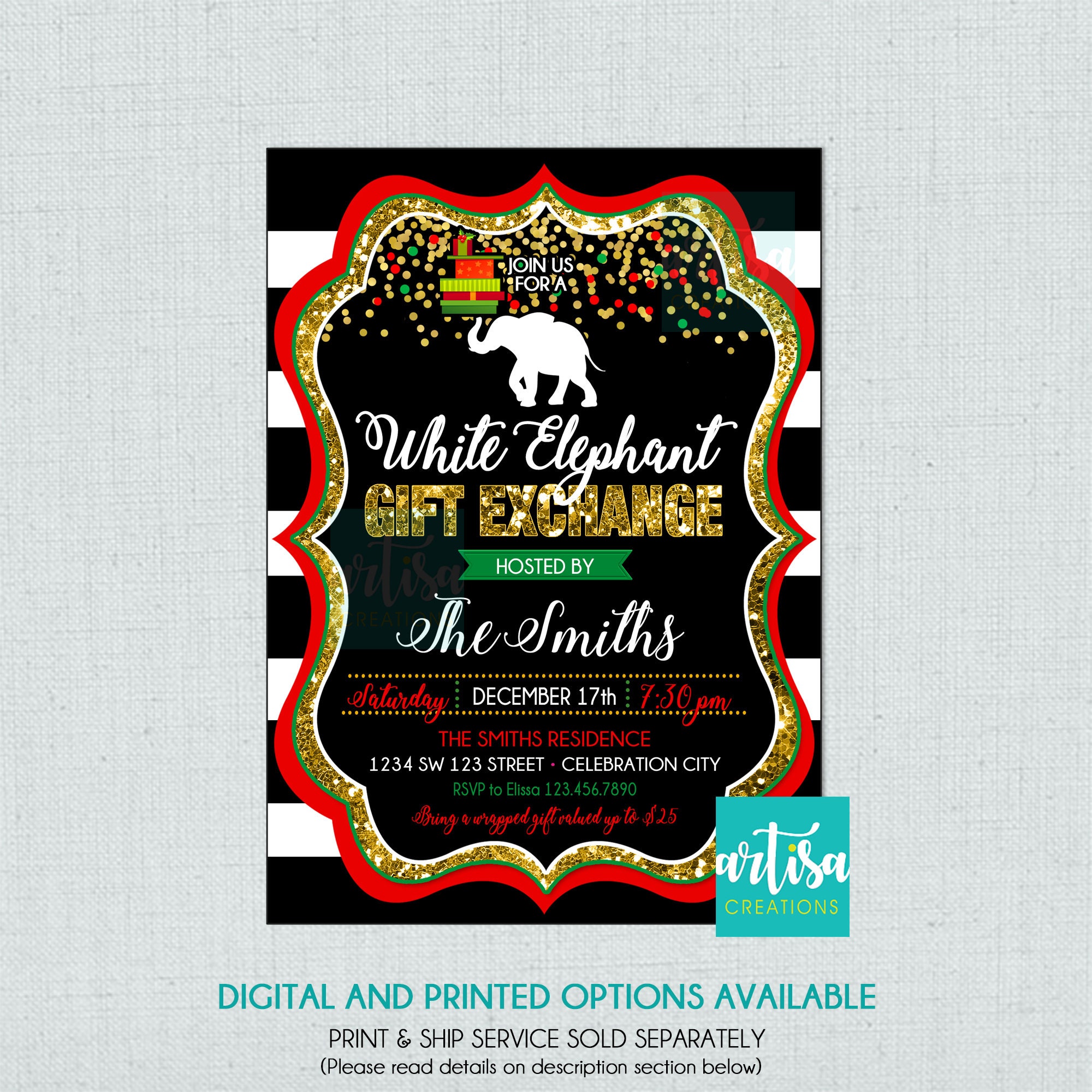 White Elephant Party Template Set, Gift Exchange Party Invitation