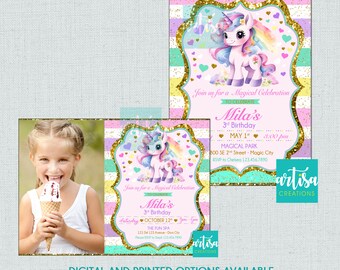 Unicorn Invitation, Unicorn Birthday Invitation, Gold Unicorn Invitation, glitter unicorn birthday, pink gold black Unicorn invitation