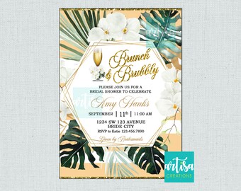Invitación a Brunch & Bubbly, invitación a brunch y despedida de soltera burbujeante, invitación a brunch nupcial, brunch de flores blancas tropicales y burbujeante