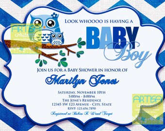 May include: Baby shower invitation with a blue and white chevron background. The invitation features two blue owls perched on a branch, with the text "Look Whoooo is Having a Baby Boy." Details for Marilyn Jones' baby shower are included.