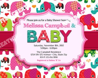 Elephant Baby Shower Invitation - Elephant Invitation - Elephants Baby Shower Invitation DIY - Pink, Teal and Green Invitation