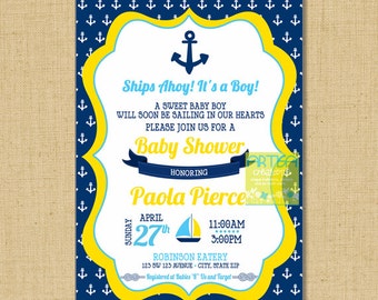 Nautical Navy and Yellow Baby Shower Invitation, Anchor Navy Yellow Baby Shower, Anchor Navy Yellow Invitation, Nautical Navy Blue Yellow In