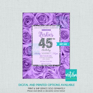 Invitation d’anniversaire de roses violettes, invitations d’anniversaire de roses roses, invitations de roses violettes pour tout âge, invitations imprimables de roses violettes