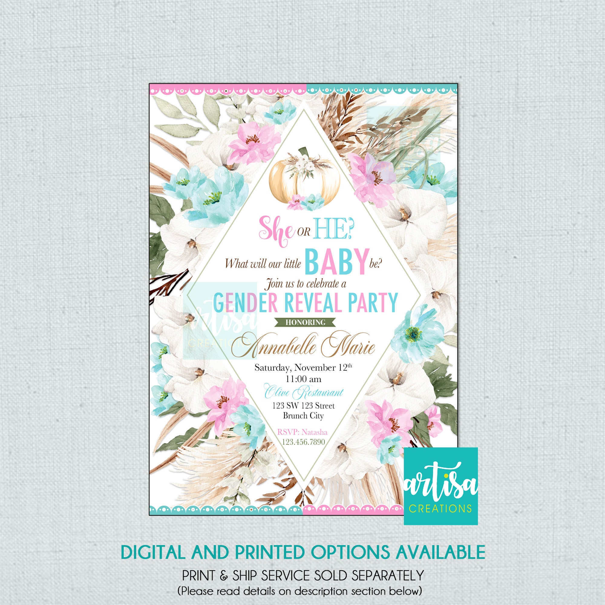 Boho Pumpkin Gender Reveal Party Invitation Boho Pampas Pumpkin Gender Reveal Invitation Fall Gender Reveal Party Girl or Boy