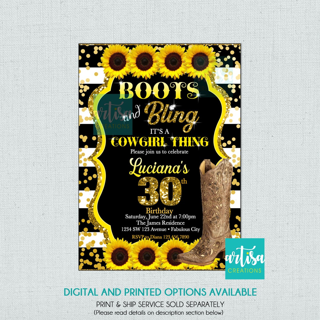 Boots and Bling Invitation, Sunflower Boots and Bling It's a Cowgirl ...