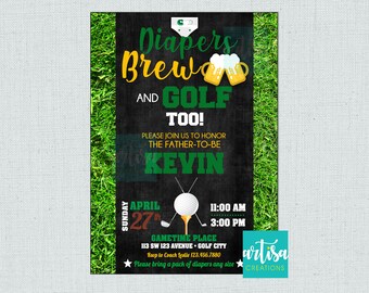Pañales Brew and Golf Too Baby Shower Invitation, Golf guys baby shower, Men baby shower invitation, Golf diapers beer shower gold baby show