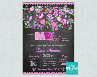 Birds Baby Shower, Spring Baby Shower Invitation, Lilac teal pink birds invitation, Garden baby shower invitation, baby girl baby shower