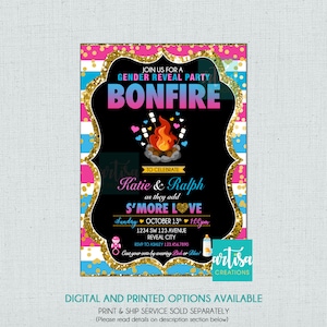 Könnte beinhalten: Eine Einladung zu einer Gender Reveal Party mit schwarzem Hintergrund und goldenem Glitzer. Der Text lautet "Join us for a Gender Reveal Party Bonfire" mit einer Lagerfeuer-Illustration. Die Einladung ist mit pinken und blauen Streifen und Konfetti verziert.
