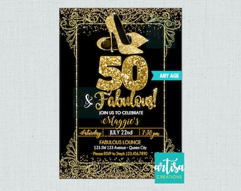 Gold Heels Einladung, Gold 50 und Fabelhafte Einladung, 50 und fabelhafte Einladung, ANY AGE & Fabelhafte Einladung, Gold und Schwarz Fabelhaft
