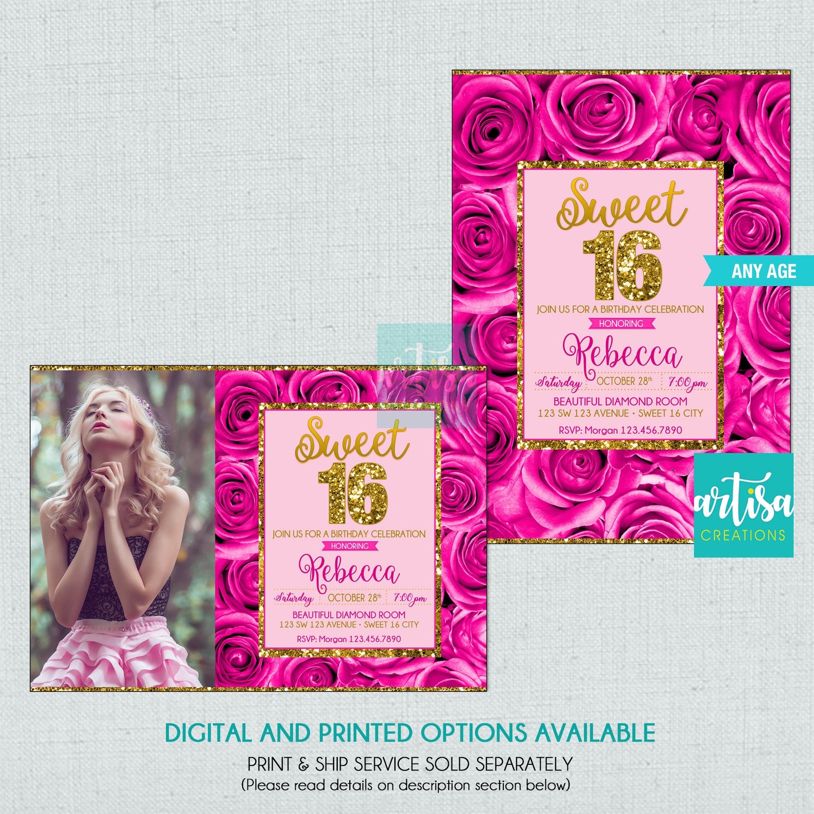 Sweet 16 Pink Roses Hot Pink Roses Sweet 16 Invitation, Hot Pink Roses Sweet 16 Invitation ...