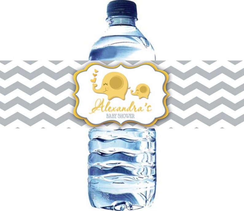 Grey and Yellow Chevron Elephant water bottle label Neutral Elephant Baby Shower Chevron Elephant Baby Shower Water Bottle Label