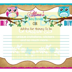 Geslacht onthullen baby shower advieskaart voor nieuwe moeder - uilen geslacht onthullen baby douche advieskaart voor moeder - jongen of meisje? Uilen Douche Advies