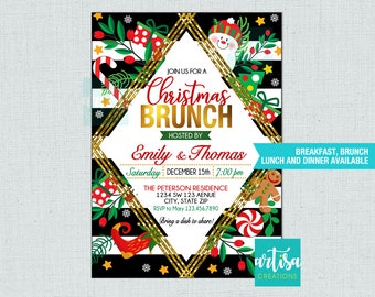 May include: A black and white striped Christmas brunch invitation with gold glitter accents. The invitation features a snowman, candy canes, and a gingerbread man. The text reads "Join us for a Christmas Brunch hosted by Emily & Thomas, Saturday December 15th 7:00 pm, The Peterson Residence 1234 SW 123 Avenue City, State Zip RSVP to Mary 123.456.7890 Bring a dish to share! Breakfast, Brunch, Lunch and Dinner Available, Artisa Creations, Digital and Printed Options Available, Print & Ship Service Sold Separately (Please read details on description section below)"