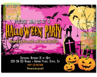 Pink Halloween Invitation, Halloween Party Invitation, Pink, orange and black Halloween DIY Invitation, Pink Halloween Costume Party Invite