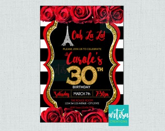 Paris Birthday Invitation, Ooh La la Birthday Invitation, Red Roses Paris Gold Glitter Invitation ANY AGE, Any Occasion, Paris Gold Glitter